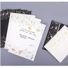 Feather & Music Pattern Gold Foil Embossing Lined Stationery Paper and Envelopes Set including Envelope (White/Black)