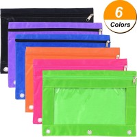 XRHYY 6 Pieces Ring Binder Pouch Pencil Bag with Holes 3-Ring Zipper Pouches with Clear Window (6 Colors)