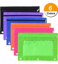 XRHYY 6 Pieces Ring Binder Pouch Pencil Bag with Holes 3-Ring Zipper Pouches with Clear Window (6 Colors)